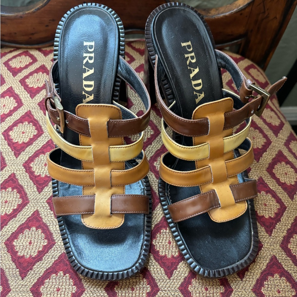 Prada Tan Sandal Block Heels Buckle Woven 38